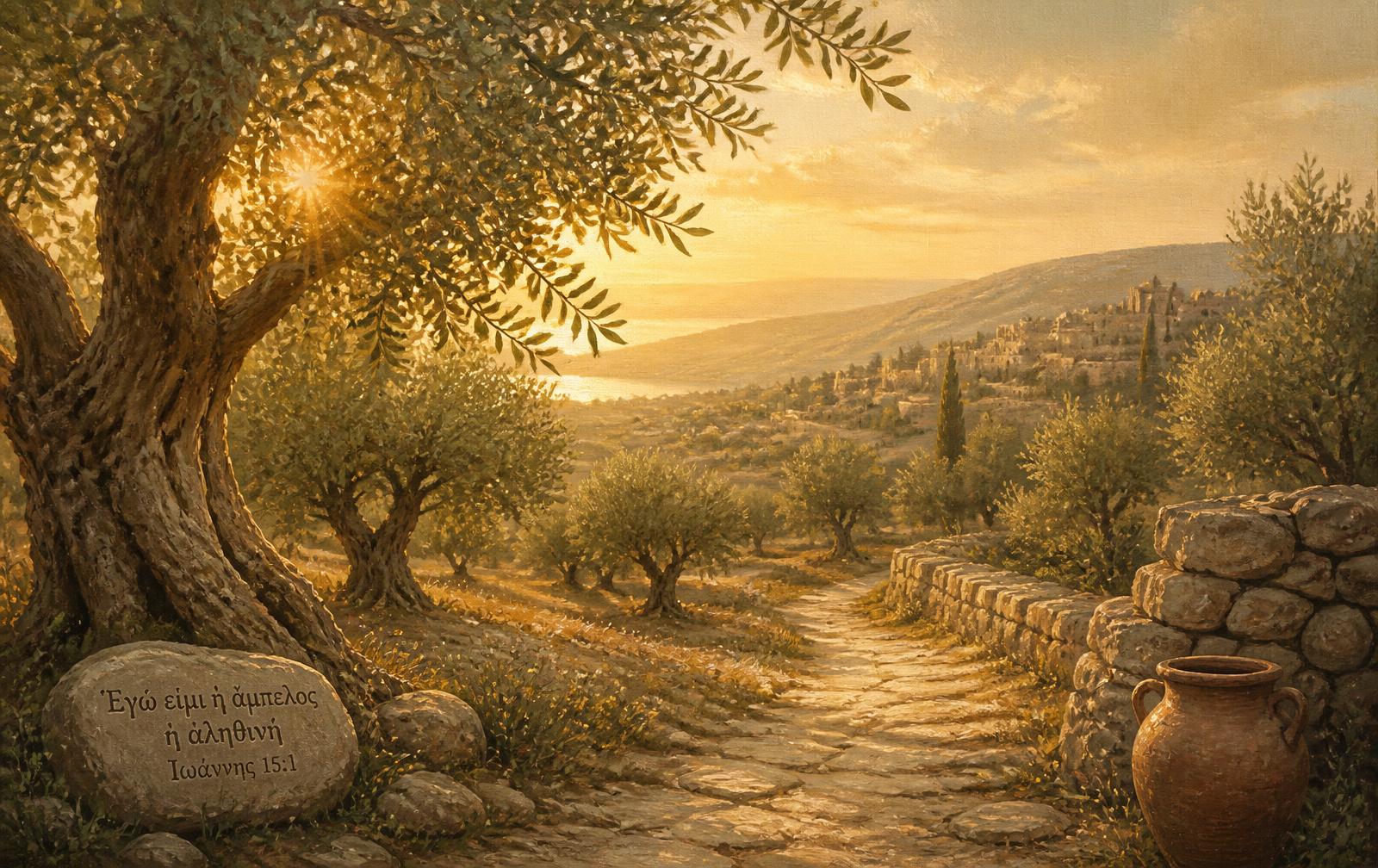 Oliveiras ao amanhecer em um caminho de pedras na Galileia